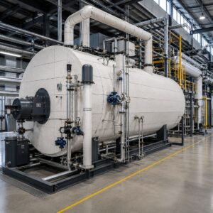 Caldera industrial con sistema de aislamiento térmico de alta temperatura para mejorar la eficiencia energética y reducir las pérdidas de calor.