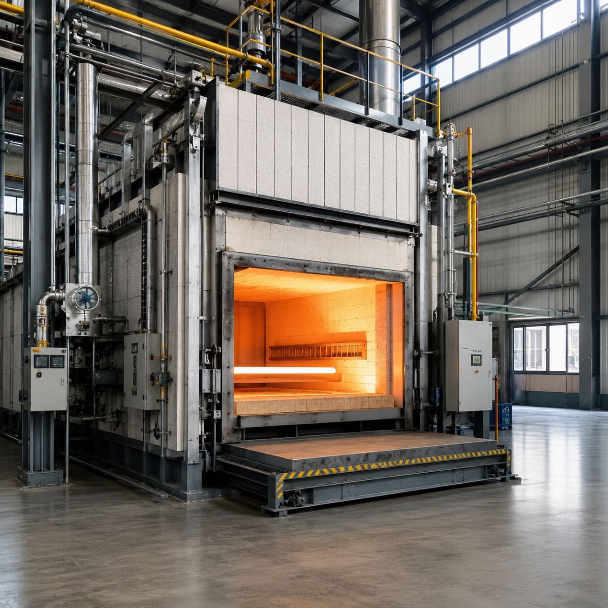 Horno industrial con sistema de aislamiento térmico de alta temperatura para mejorar la eficiencia energética y reducir las pérdidas de calor.