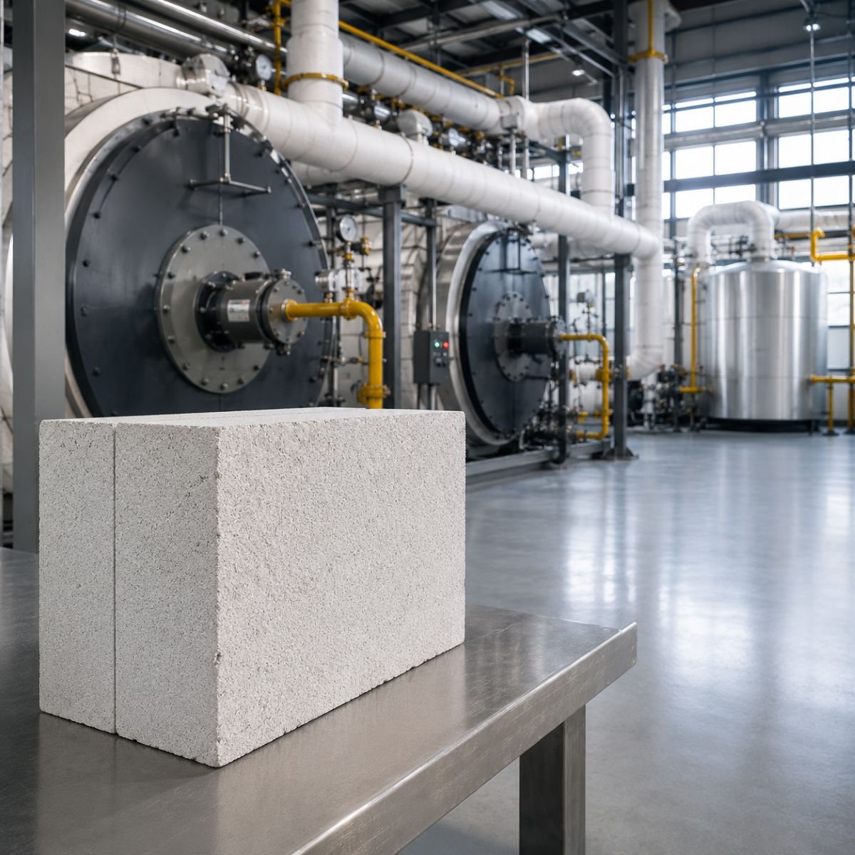 Block de perlita expandida y silicato de sodio utilizado como aislamiento térmico industrial para calderas, hornos y equipos de alta temperatura.